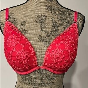 Victoria’s Secret Hot Pink eyelet Lace Padded Push up Bra Size 34DD